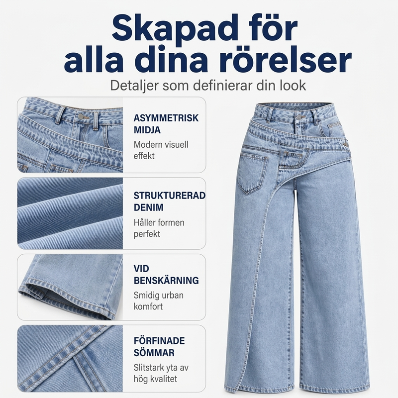 Damhoodiga trendsatta jeans med asymmetrisk överlappning och vid ben