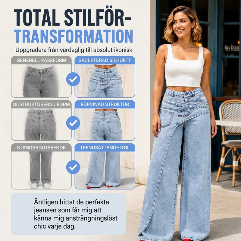 Damhoodiga trendsatta jeans med asymmetrisk överlappning och vid ben