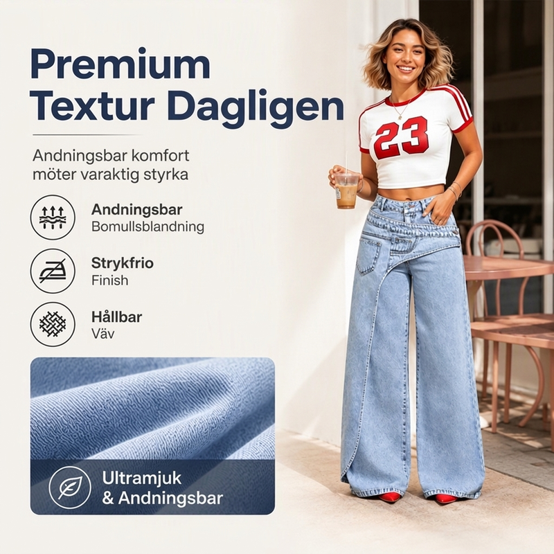 Damhoodiga trendsatta jeans med asymmetrisk överlappning och vid ben