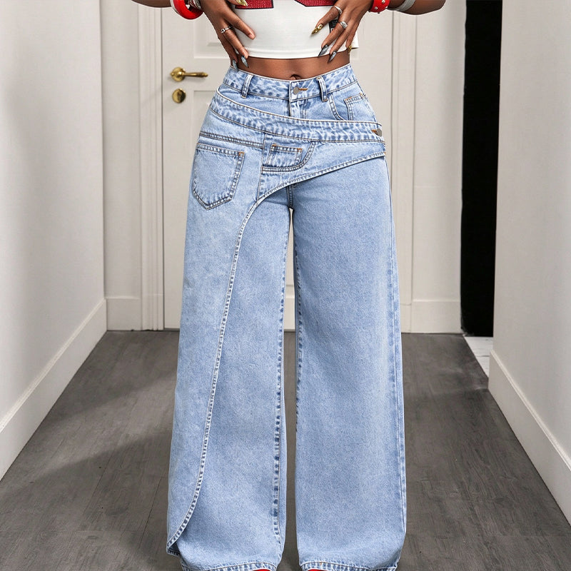 Damhoodiga trendsatta jeans med asymmetrisk överlappning och vid ben