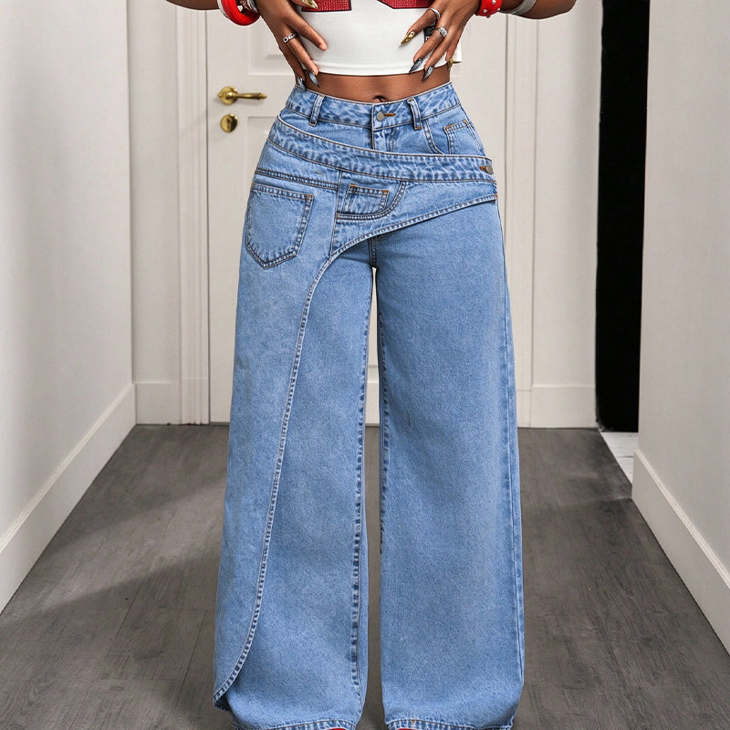 Damhoodiga trendsatta jeans med asymmetrisk överlappning och vid ben