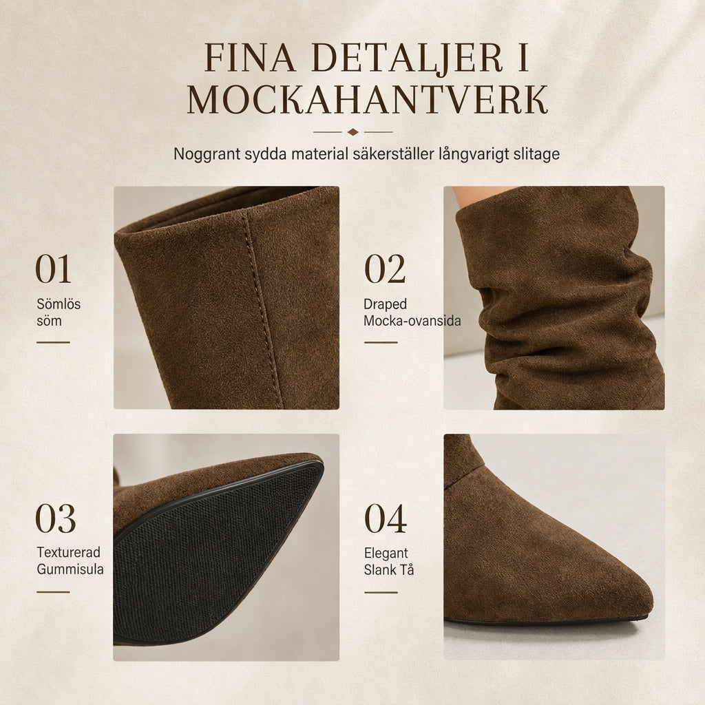 Kvinnliga stöövlar med spetsig tå och stilettklack, ankelhög