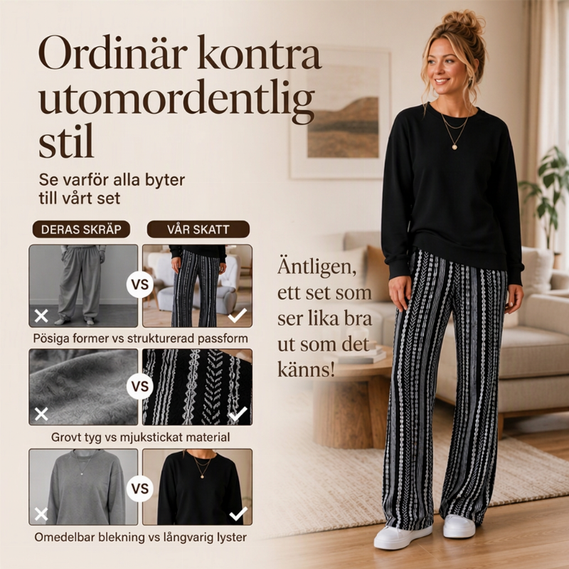 🖤Black Friday – Förhandstillgång: 50 % Rabatt🖤Damsätt i vardagsstil med crewneck-topp och mönstrade byxor