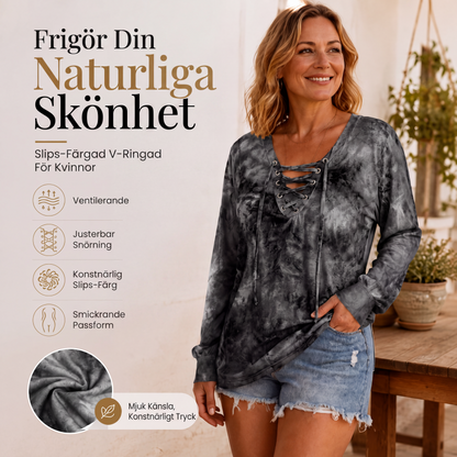 Damtopp med tie-dye-tryck, snörning och V-ringning