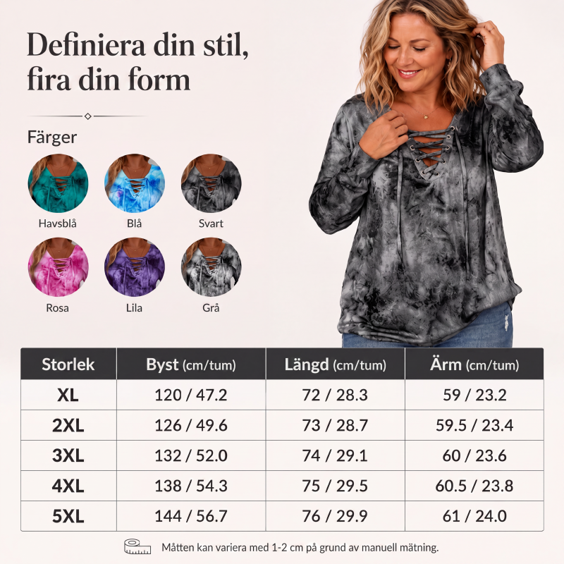 Damtopp med tie-dye-tryck, snörning och V-ringning