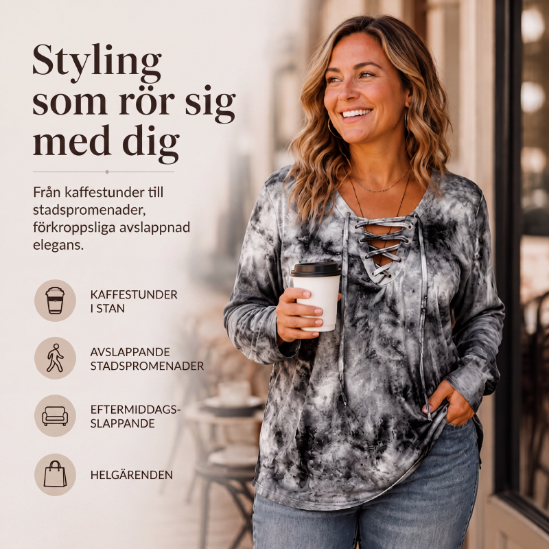 Damtopp med tie-dye-tryck, snörning och V-ringning