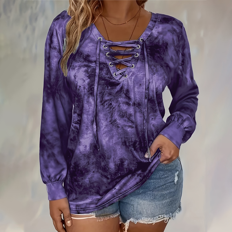 Damtopp med tie-dye-tryck, snörning och V-ringning