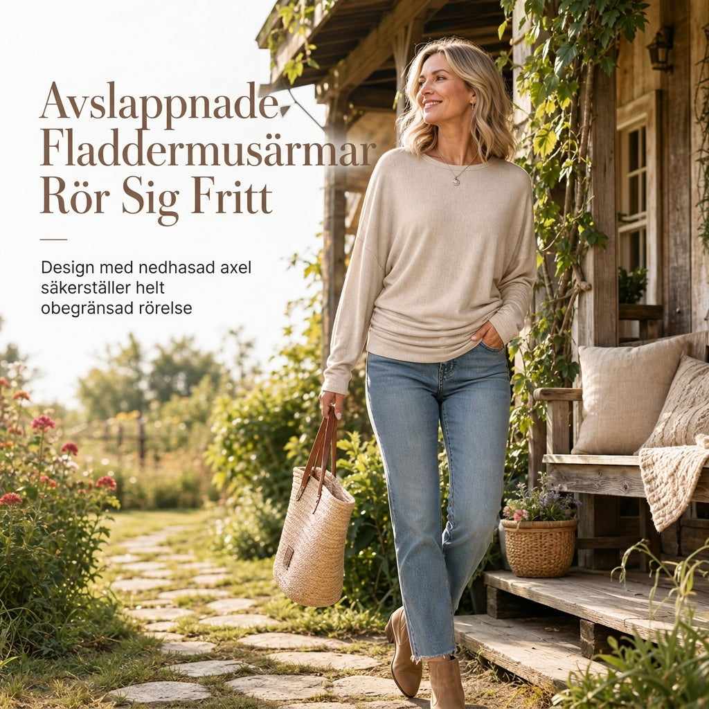 📢🎉50 % rabatt!!!🛍️✨Avslappnad, ledig damtröja med rund hals, långa ärmar, nedfallande axlar, fladdermusärmar och volanger på sidorna