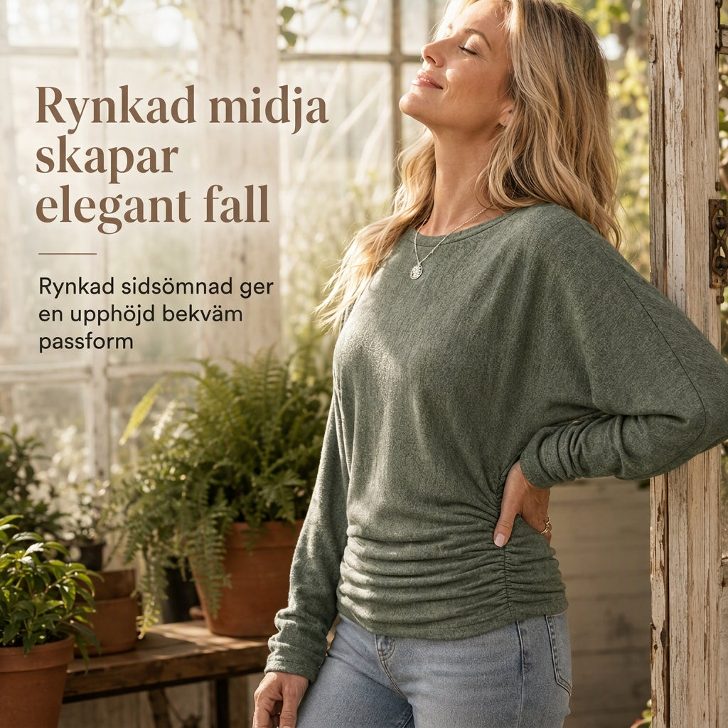 📢🎉50 % rabatt!!!🛍️✨Avslappnad, ledig damtröja med rund hals, långa ärmar, nedfallande axlar, fladdermusärmar och volanger på sidorna