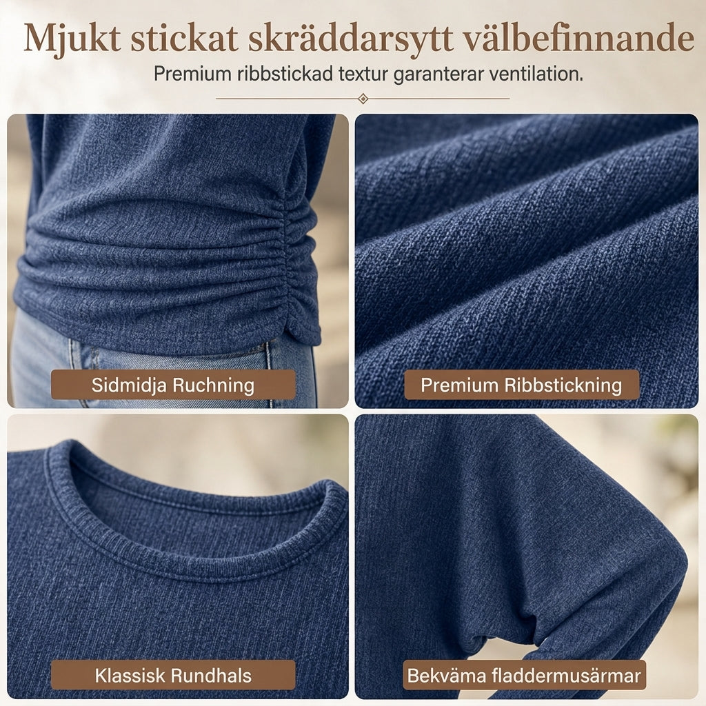 📢🎉50 % rabatt!!!🛍️✨Avslappnad, ledig damtröja med rund hals, långa ärmar, nedfallande axlar, fladdermusärmar och volanger på sidorna