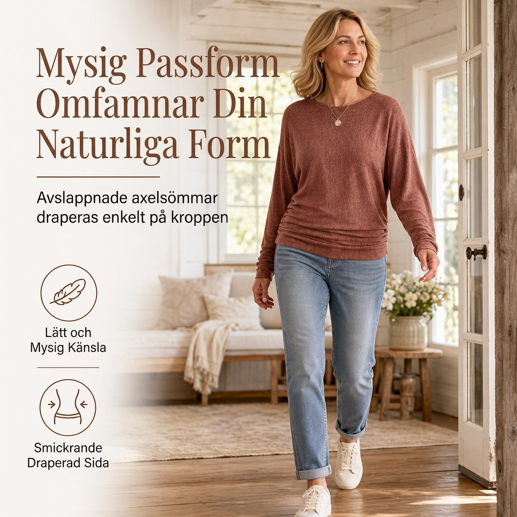 📢🎉50 % rabatt!!!🛍️✨Avslappnad, ledig damtröja med rund hals, långa ärmar, nedfallande axlar, fladdermusärmar och volanger på sidorna