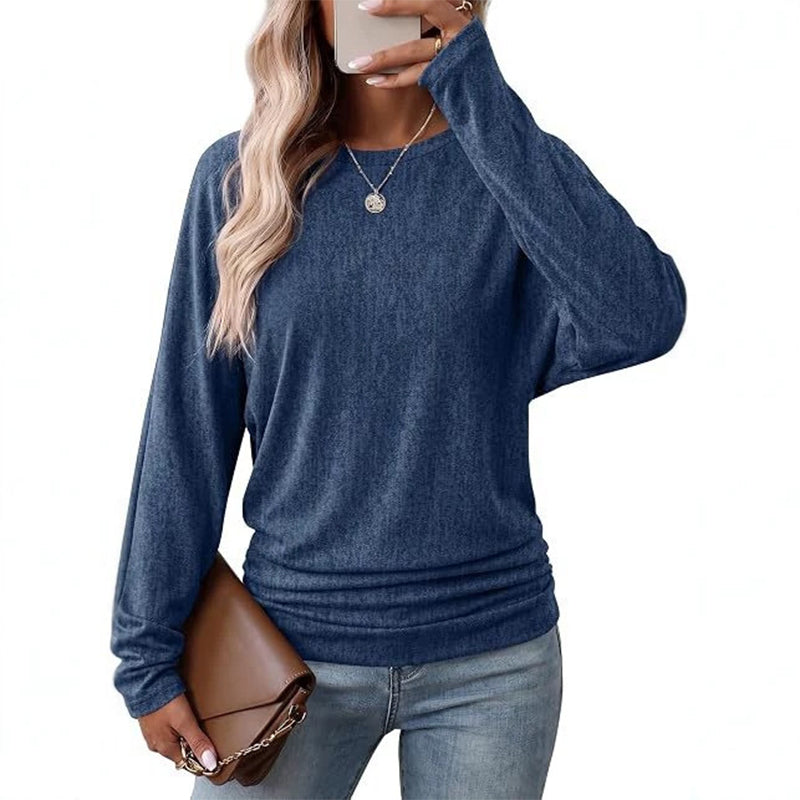 📢🎉50 % rabatt!!!🛍️✨Avslappnad, ledig damtröja med rund hals, långa ärmar, nedfallande axlar, fladdermusärmar och volanger på sidorna