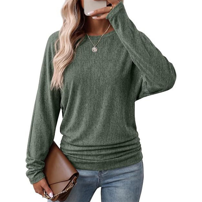 📢🎉50 % rabatt!!!🛍️✨Avslappnad, ledig damtröja med rund hals, långa ärmar, nedfallande axlar, fladdermusärmar och volanger på sidorna