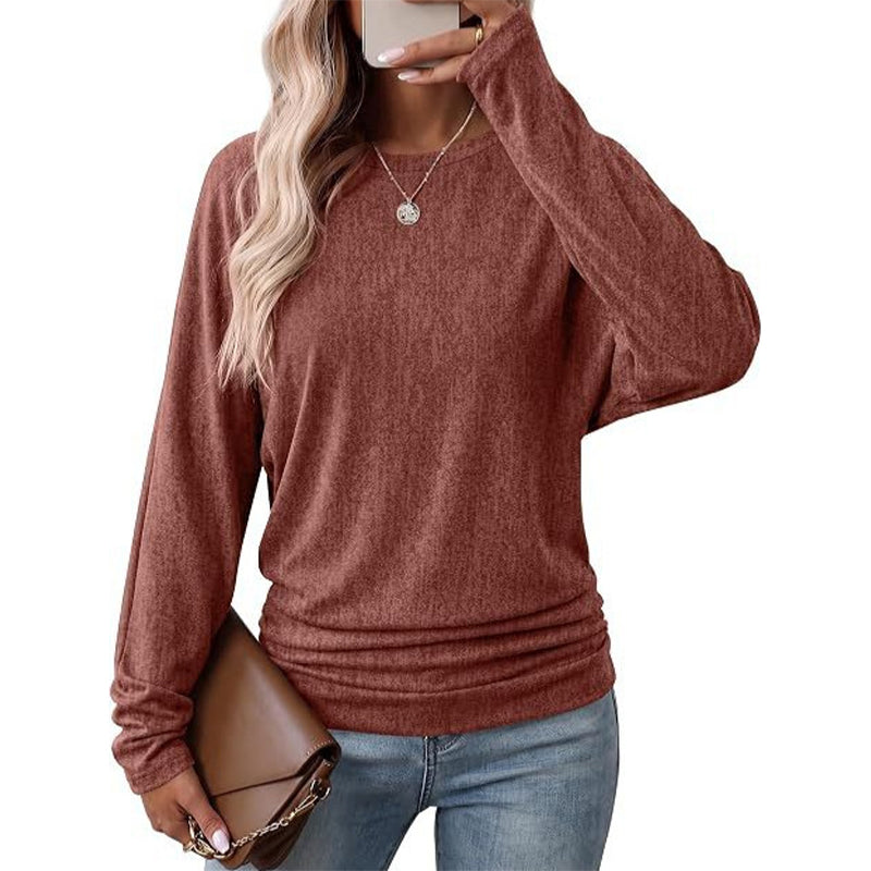 📢🎉50 % rabatt!!!🛍️✨Avslappnad, ledig damtröja med rund hals, långa ärmar, nedfallande axlar, fladdermusärmar och volanger på sidorna