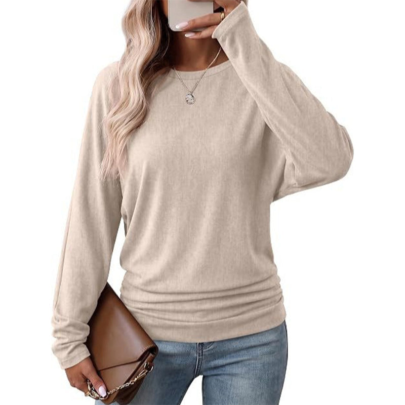 📢🎉50 % rabatt!!!🛍️✨Avslappnad, ledig damtröja med rund hals, långa ärmar, nedfallande axlar, fladdermusärmar och volanger på sidorna
