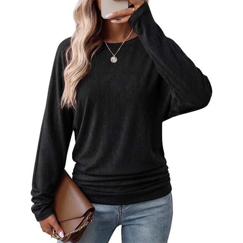 📢🎉50 % rabatt!!!🛍️✨Avslappnad, ledig damtröja med rund hals, långa ärmar, nedfallande axlar, fladdermusärmar och volanger på sidorna