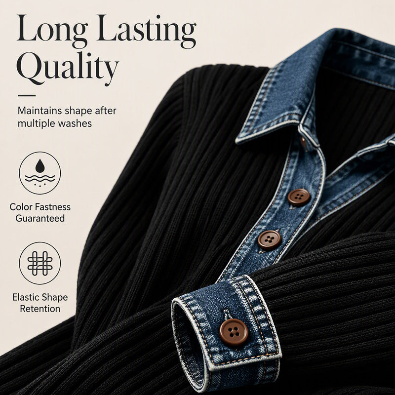 Långärmad patchwork-stickad topp med jeanskrage för damer