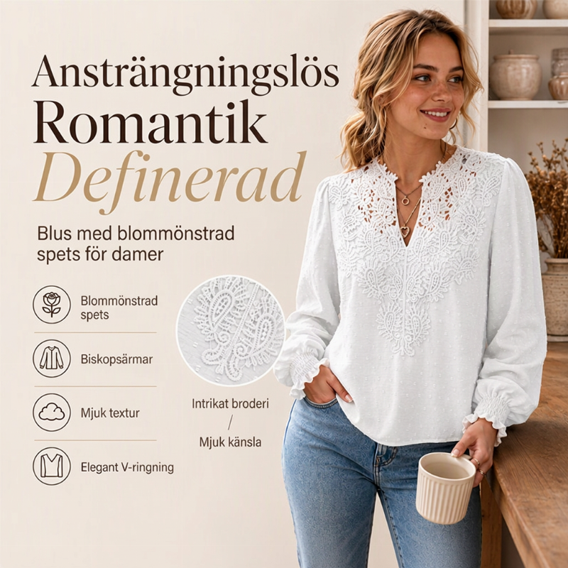 Långärmad topp med spets och V-ringning för kvinnor