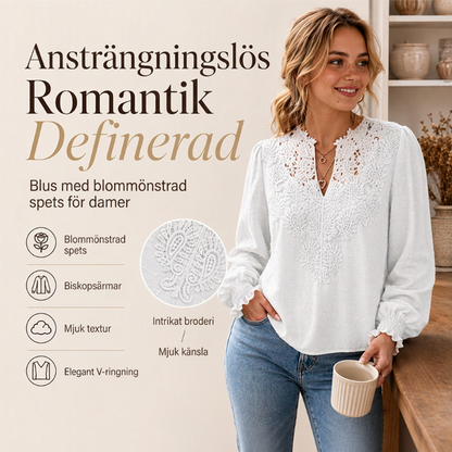 Långärmad topp med spets och V-ringning för kvinnor