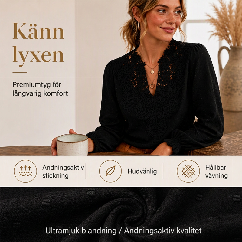 Långärmad topp med spets och V-ringning för kvinnor