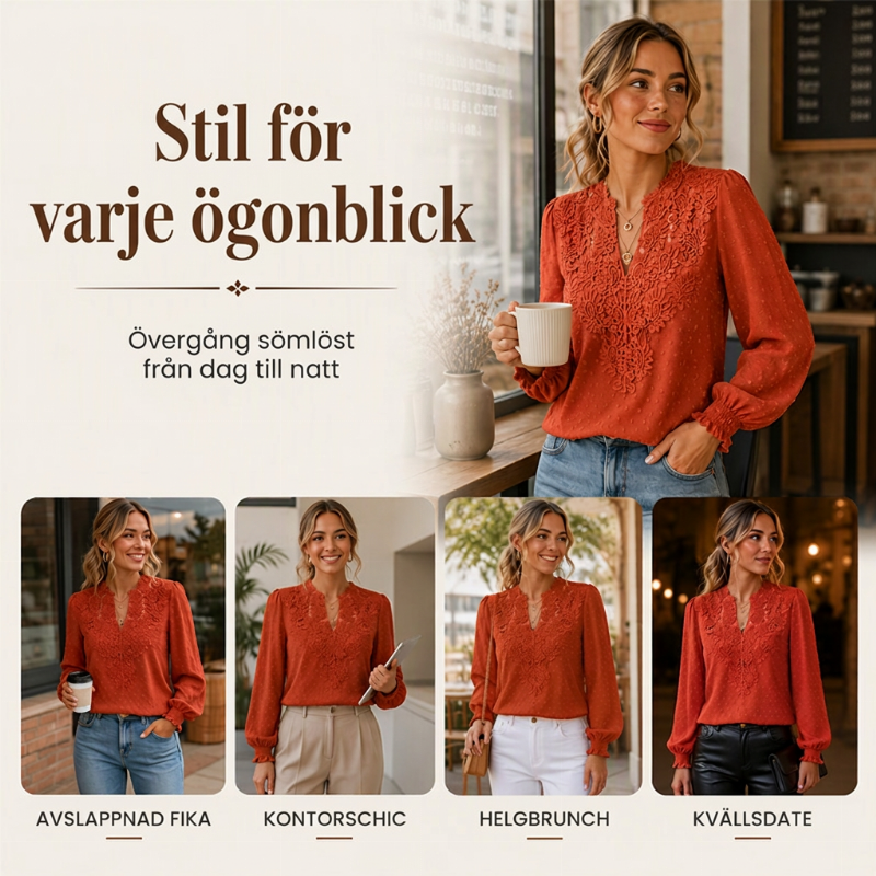 Långärmad topp med spets och V-ringning för kvinnor