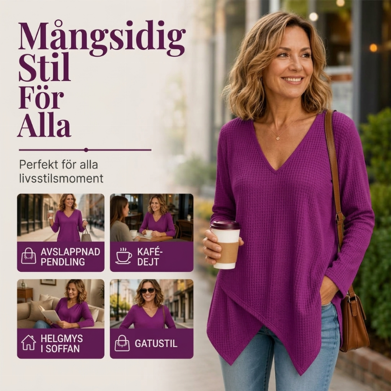 Damtopp i lös vaffelstickning med V-hals