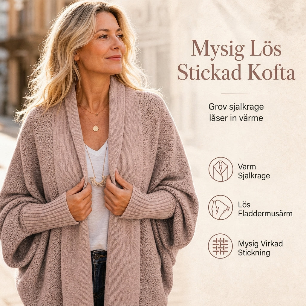 Lös stickad kofta med batwingärmar för kvinnor, öppen fram med sjaluckning för höst och vinter