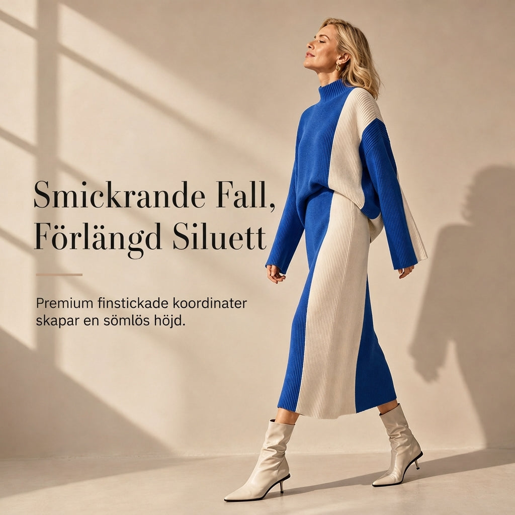 Damset i två delar i stickat med färgblock för höst och vinter, förtjockad tröja med rund hals och kjol