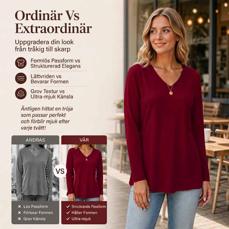 ✨ Ny kollektion 💎 Avslappnad dam-T-shirt med V-ringning och långa ärmar – bekväm basplagg för vardagen
