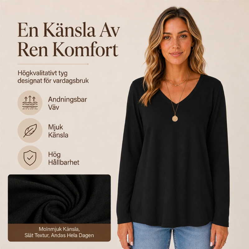 ✨ Ny kollektion 💎 Avslappnad dam-T-shirt med V-ringning och långa ärmar – bekväm basplagg för vardagen