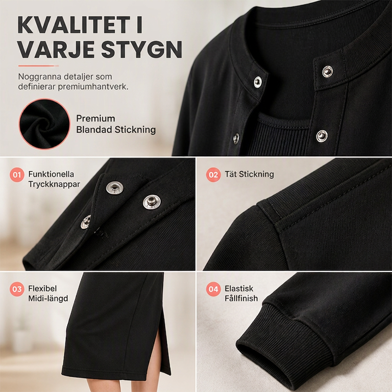Damset med elegant kameljolklänning och kort jacka