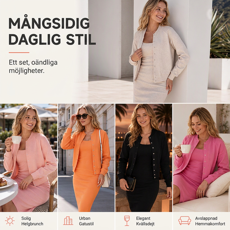 Damset med elegant kameljolklänning och kort jacka