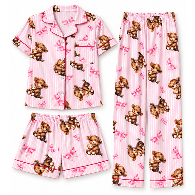 🐮 Dam pyjamas set i 3 delar med höglandsko tryck – mjuk, bekväm, söt design, perfekt för hemmakvällar, nu till halva priset! ✨
