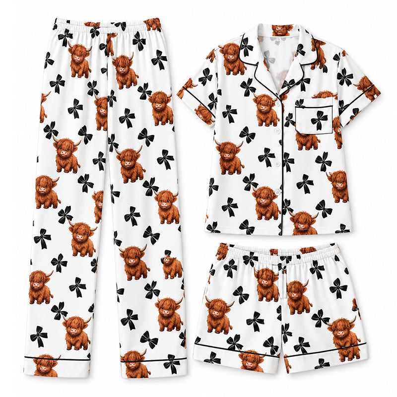 🐮 Dam pyjamas set i 3 delar med höglandsko tryck – mjuk, bekväm, söt design, perfekt för hemmakvällar, nu till halva priset! ✨
