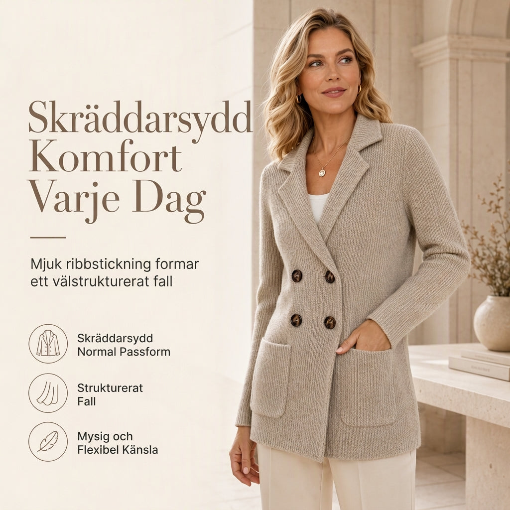 🍂 Vintererbjudande ✨ Ribbad stickad damkofta med dubbel rad knappar – Lång kofta med fickor och reverskrage