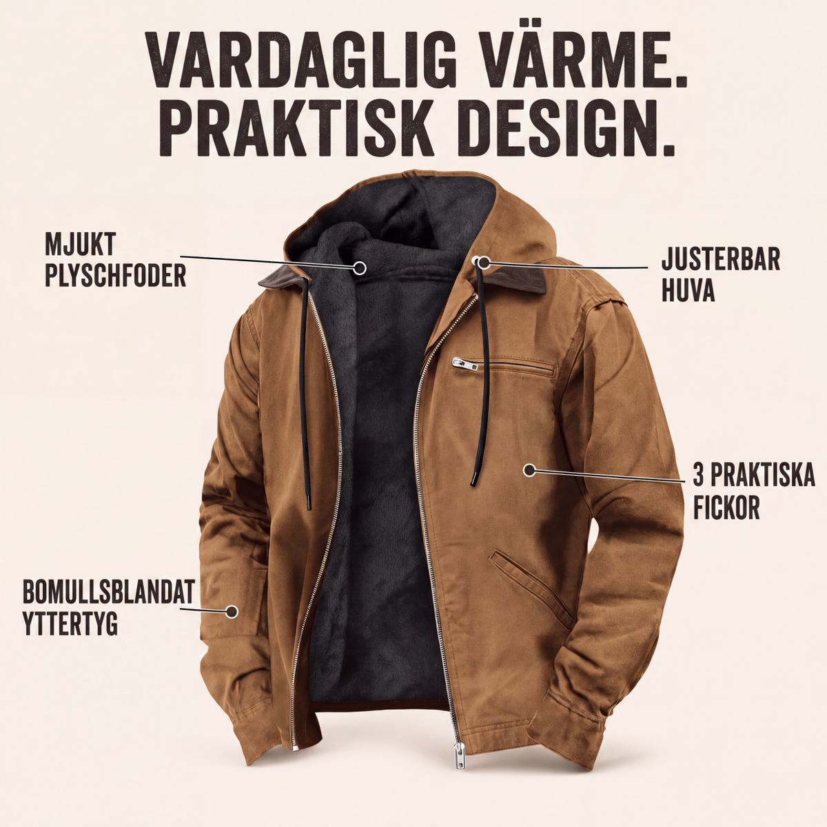 🧥 Arbetsjacka med luvka och plyschfoder för män