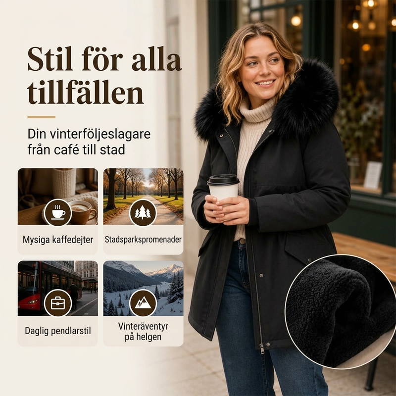 Midellång parkasjacka för kvinnor med plyschfoder