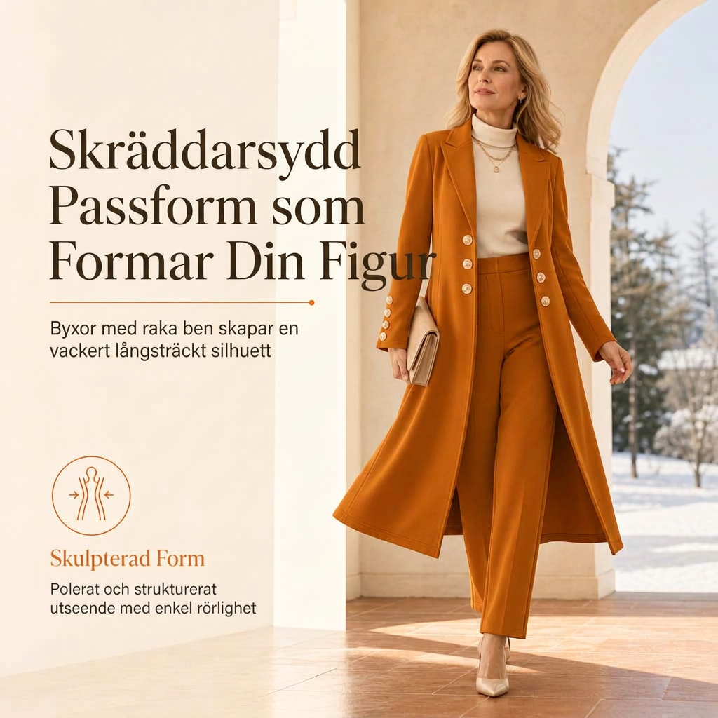 Kvinnlig elegant höst-outfit i två delar med retro långärmad kavaj och enkla byxor