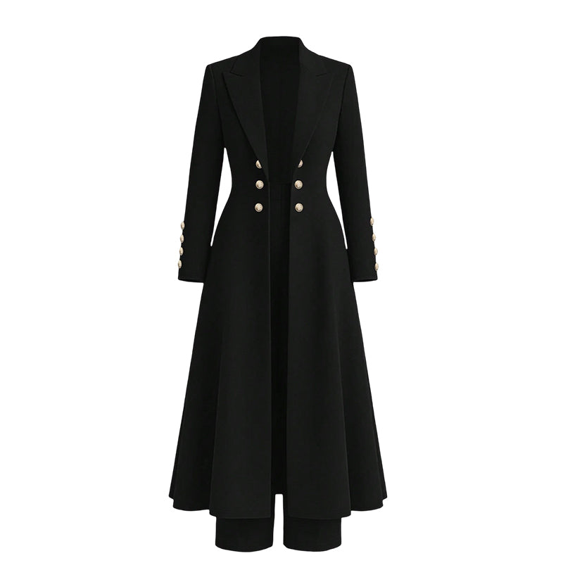 Kvinnlig elegant höst-outfit i två delar med retro långärmad kavaj och enkla byxor
