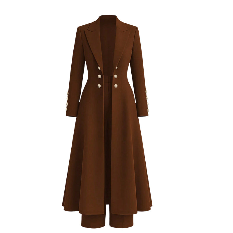 Kvinnlig elegant höst-outfit i två delar med retro långärmad kavaj och enkla byxor