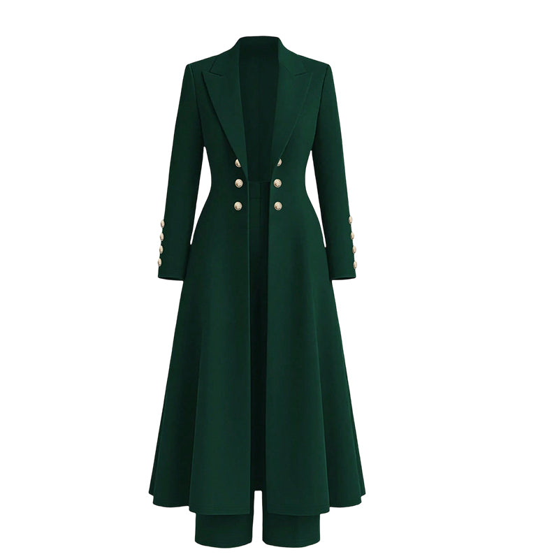 Kvinnlig elegant höst-outfit i två delar med retro långärmad kavaj och enkla byxor