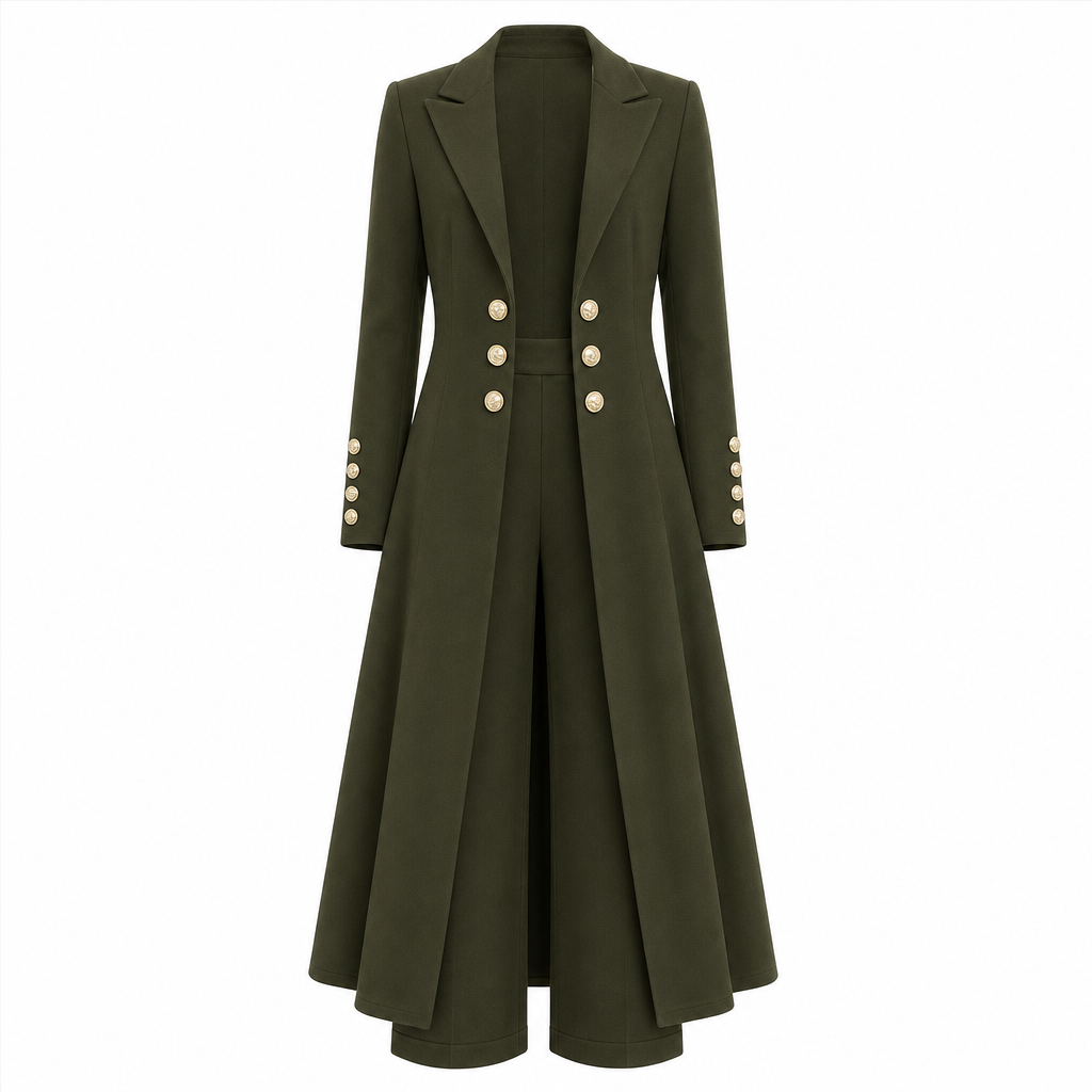 Kvinnlig elegant höst-outfit i två delar med retro långärmad kavaj och enkla byxor