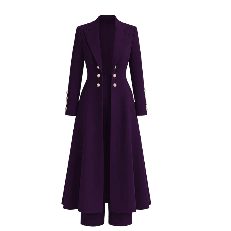 Kvinnlig elegant höst-outfit i två delar med retro långärmad kavaj och enkla byxor