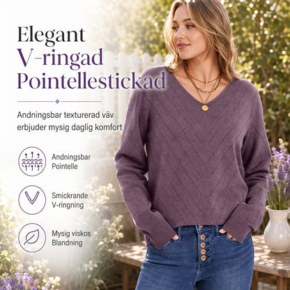 🧶 Elegant V-ringad pointelle-stickad tröja för dam – mjuk, andas, smickrande, perfekt för höst och vinter, nu till halva priset! ✨