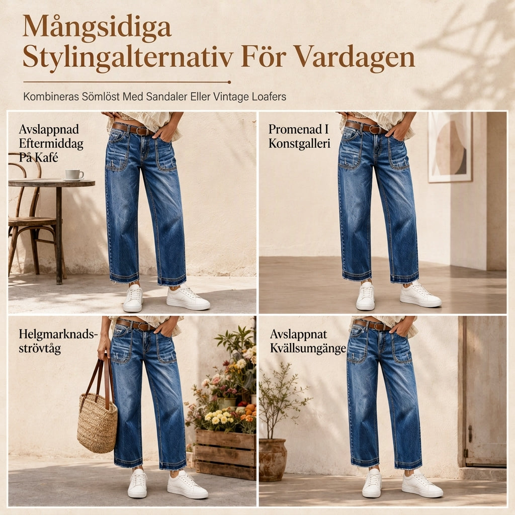 Dammiga stretchiga raka jeans i vintage-stil för kvinnor med slitna fickor och sliten fåll