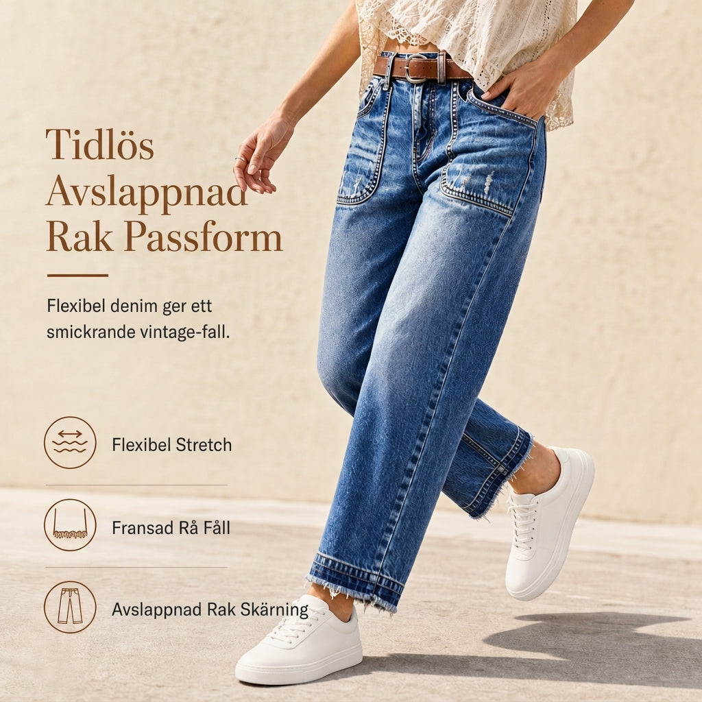 Dammiga stretchiga raka jeans i vintage-stil för kvinnor med slitna fickor och sliten fåll