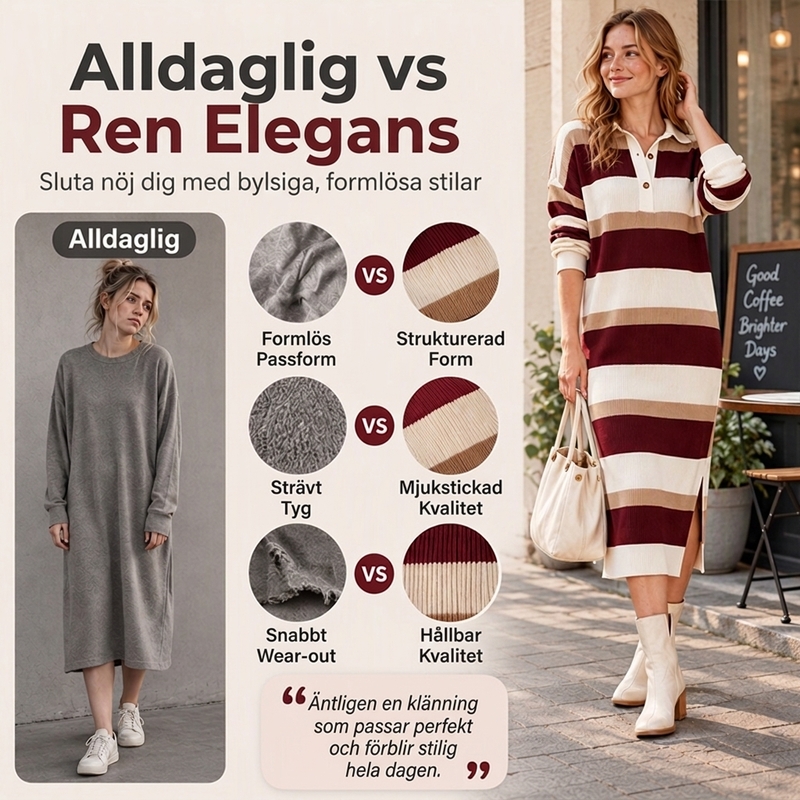 👗 Randig Stickad Klänning Dam – Mjuk Värme, Klassisk Krage & Elegant Vardagsstil