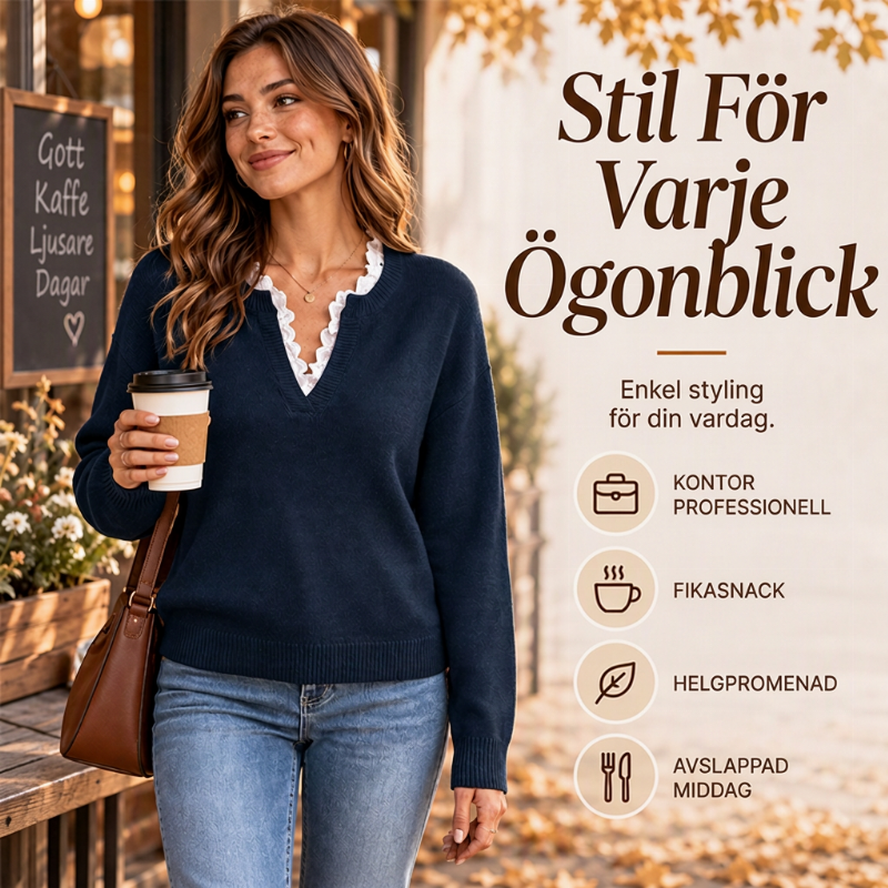 ✨ Ny kollektion 🤍 Stickad damtröja med sjalkrage och spetsdetaljer – elegant utseende, mjuk komfort och tidlös stil
