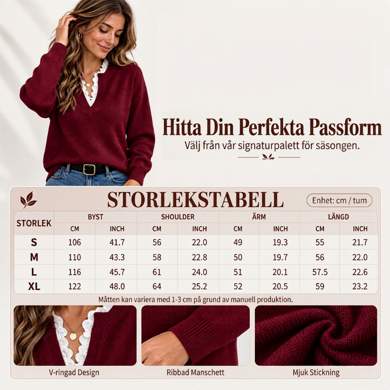 ✨ Ny kollektion 🤍 Stickad damtröja med sjalkrage och spetsdetaljer – elegant utseende, mjuk komfort och tidlös stil
