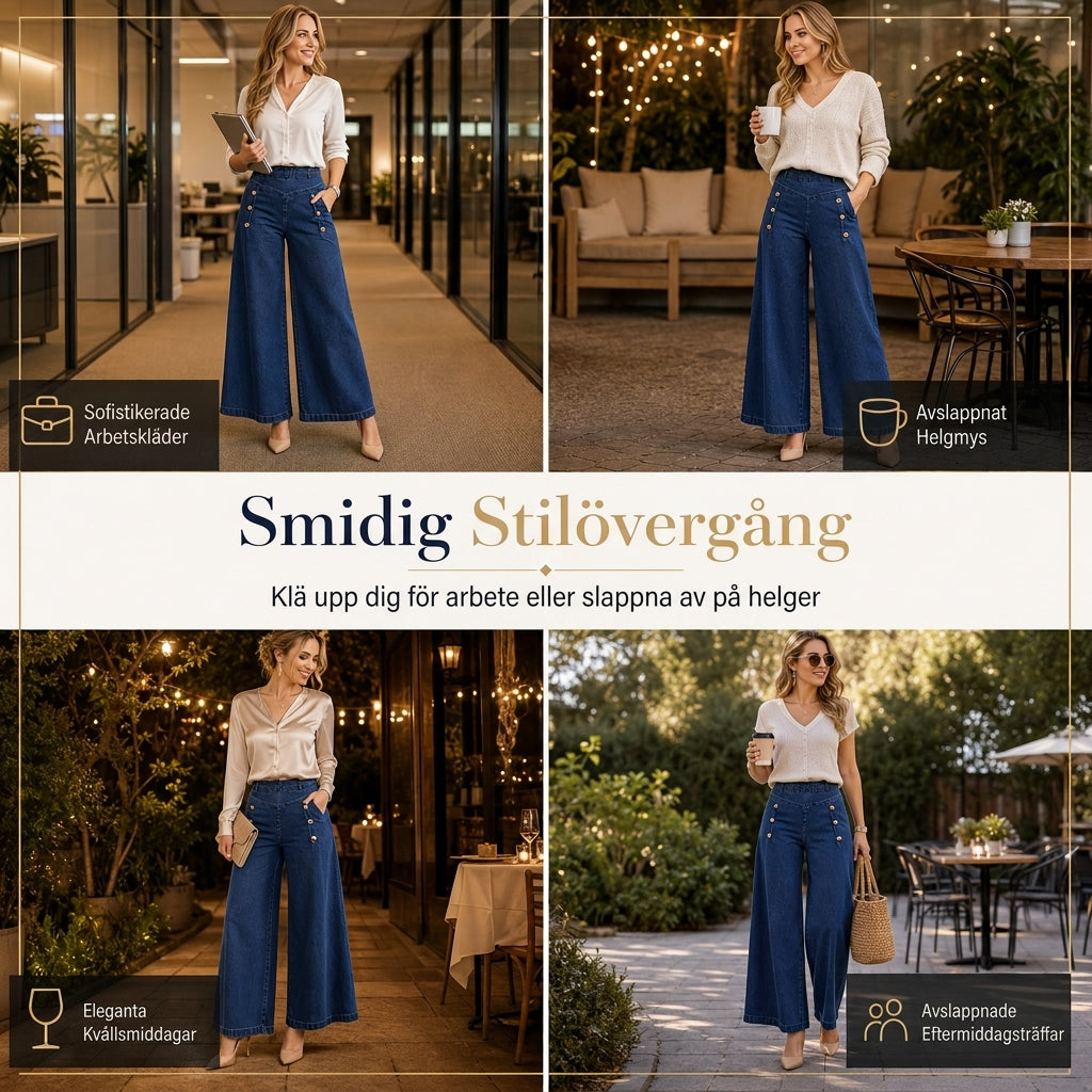 Högtaljade jeans med vida ben, stretchigt denim och dekorativa knappar